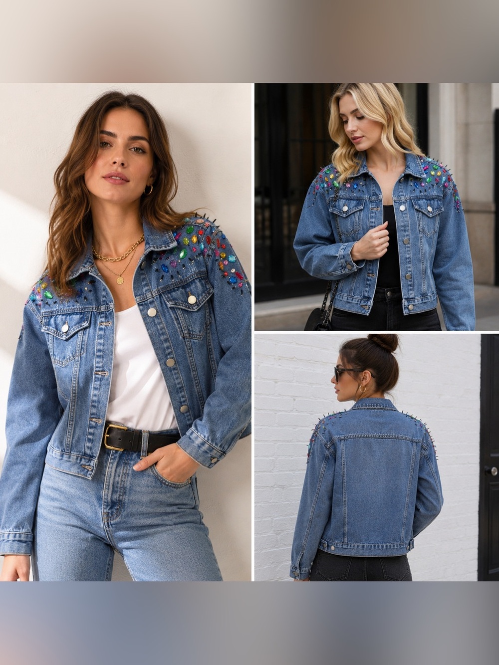 Blue B Collection Denim Jacket with Colorful Rhinestones and Spikes, Size M